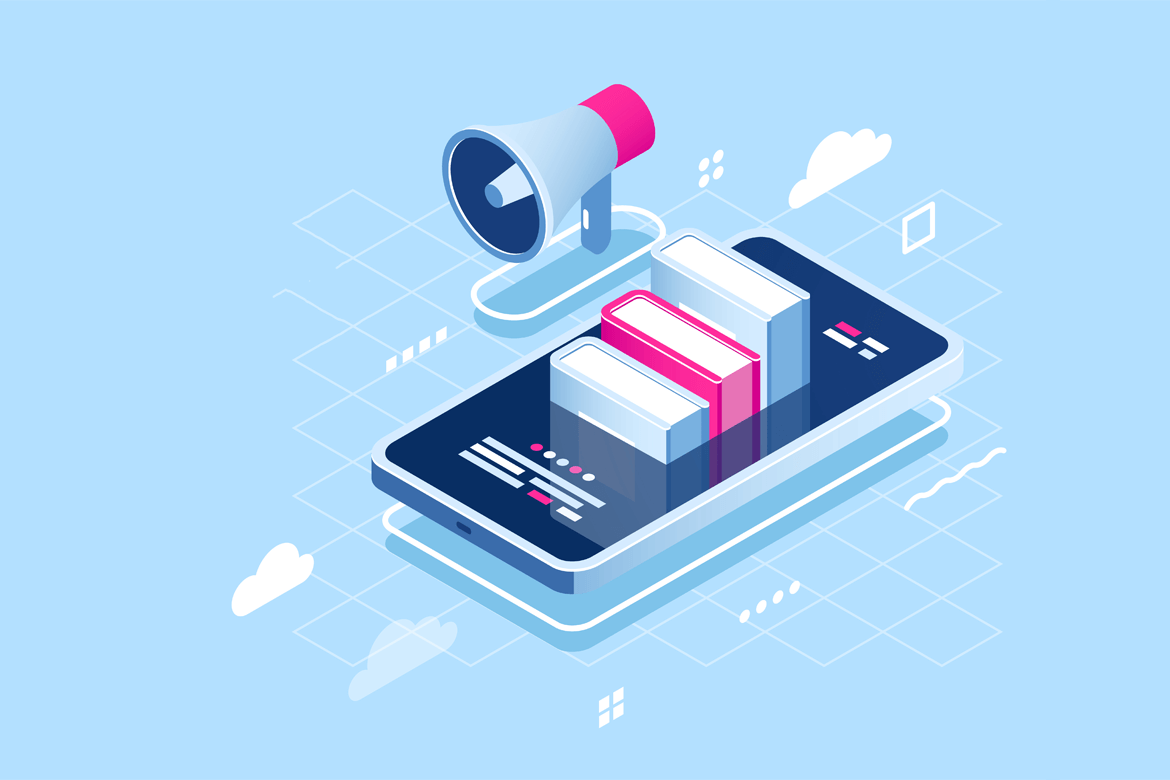 An isometric illustration of a mobile phone showcasing an app.